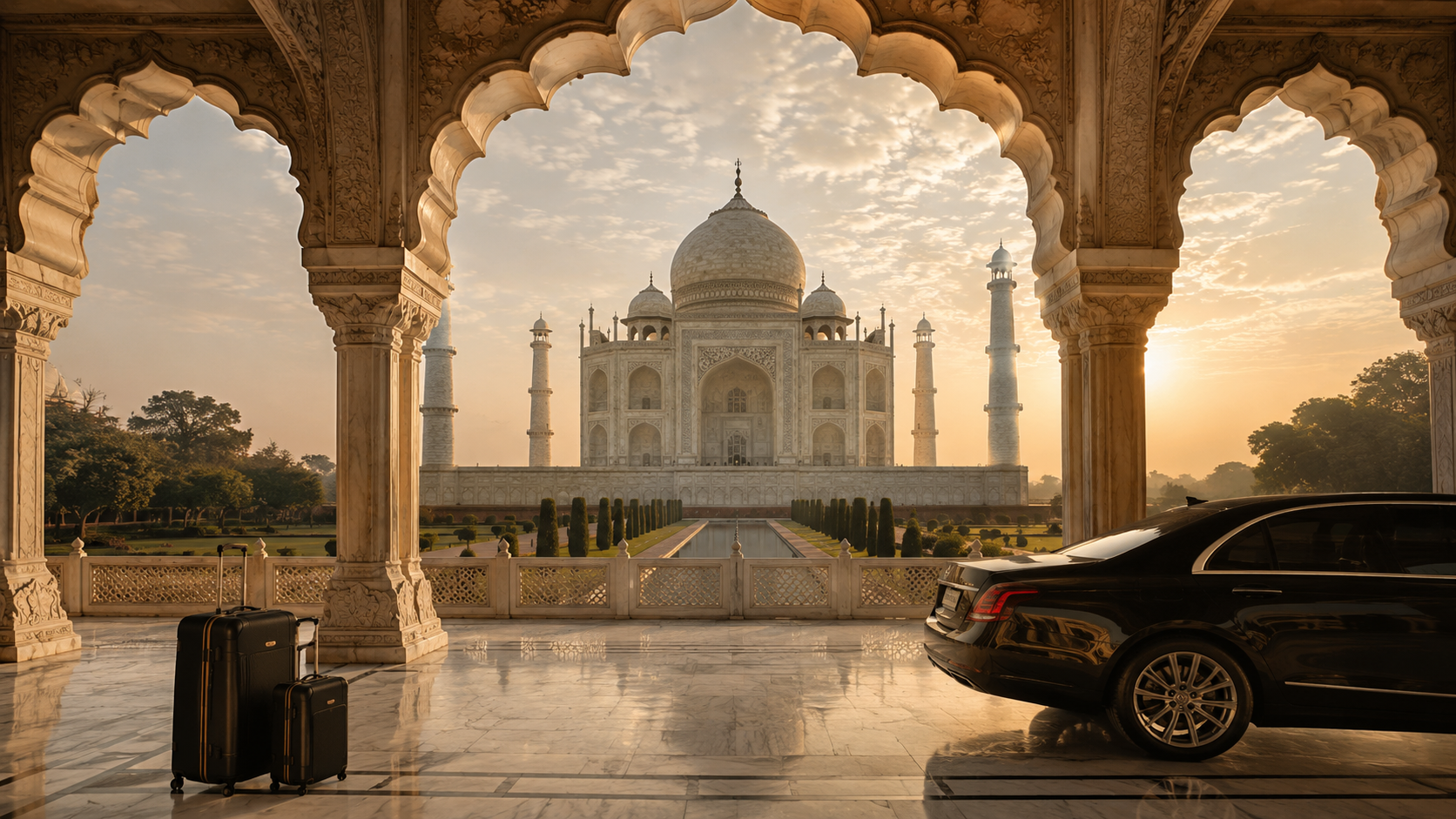Luxury Taj Mahal day trip from Mumbai with sunset view over empty marble pathways