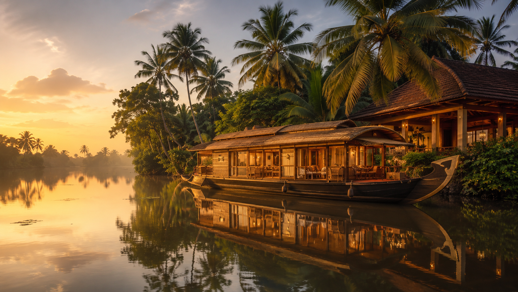 Kerala backwaters luxury private houseboat journey through palm lined canals