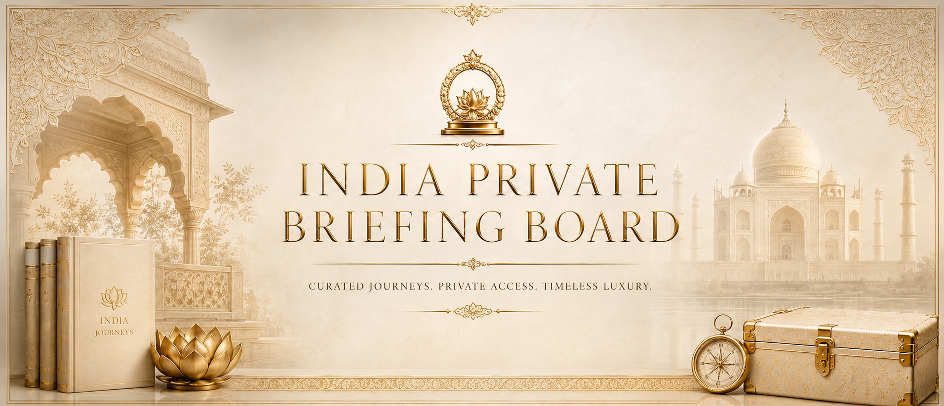 India Private Briefing Board luxury front image with heritage motifs and travel objects