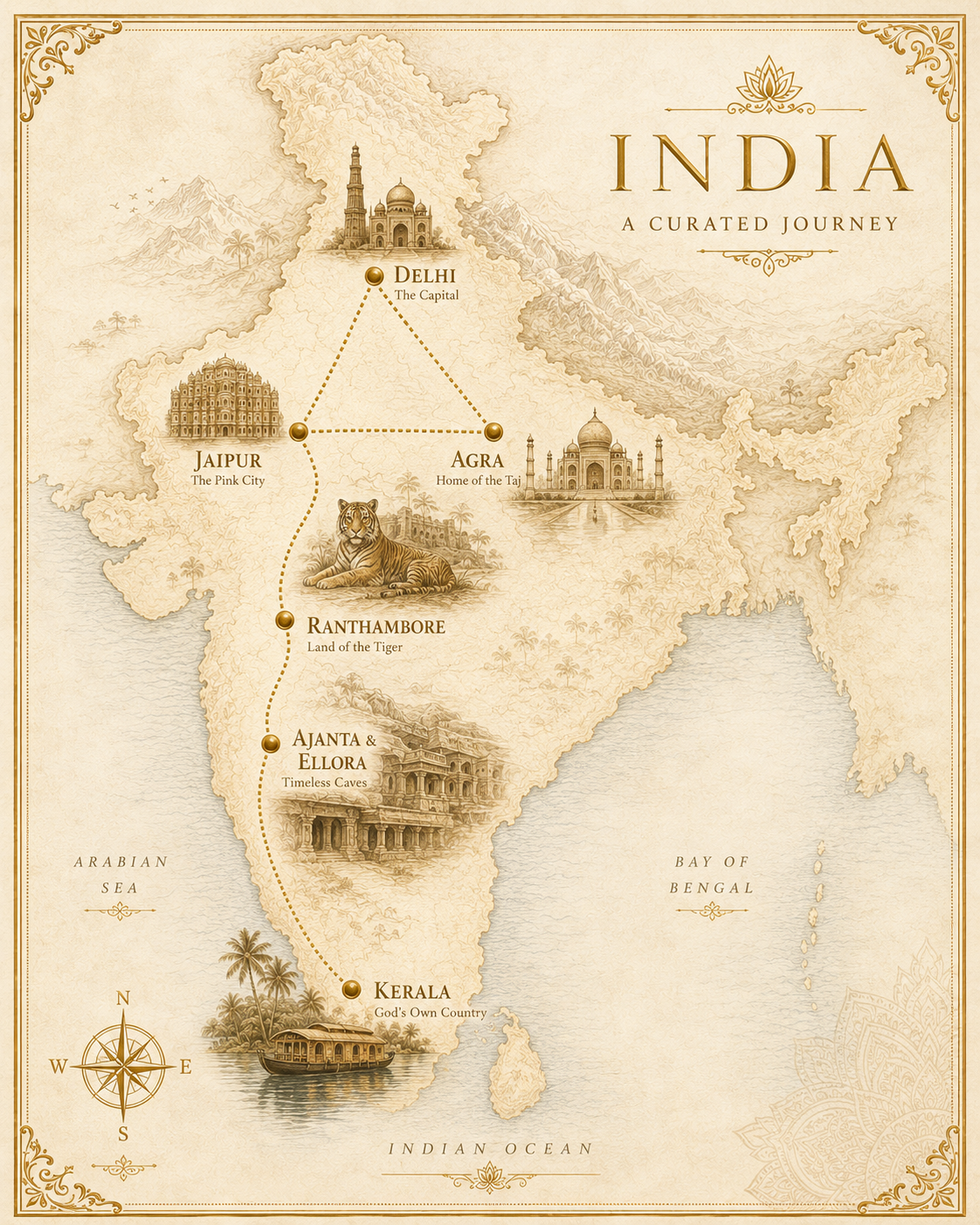 Luxury atlas style India route map showing Delhi, Jaipur, Agra, Ranthambore, Ajanta Ellora and Kerala