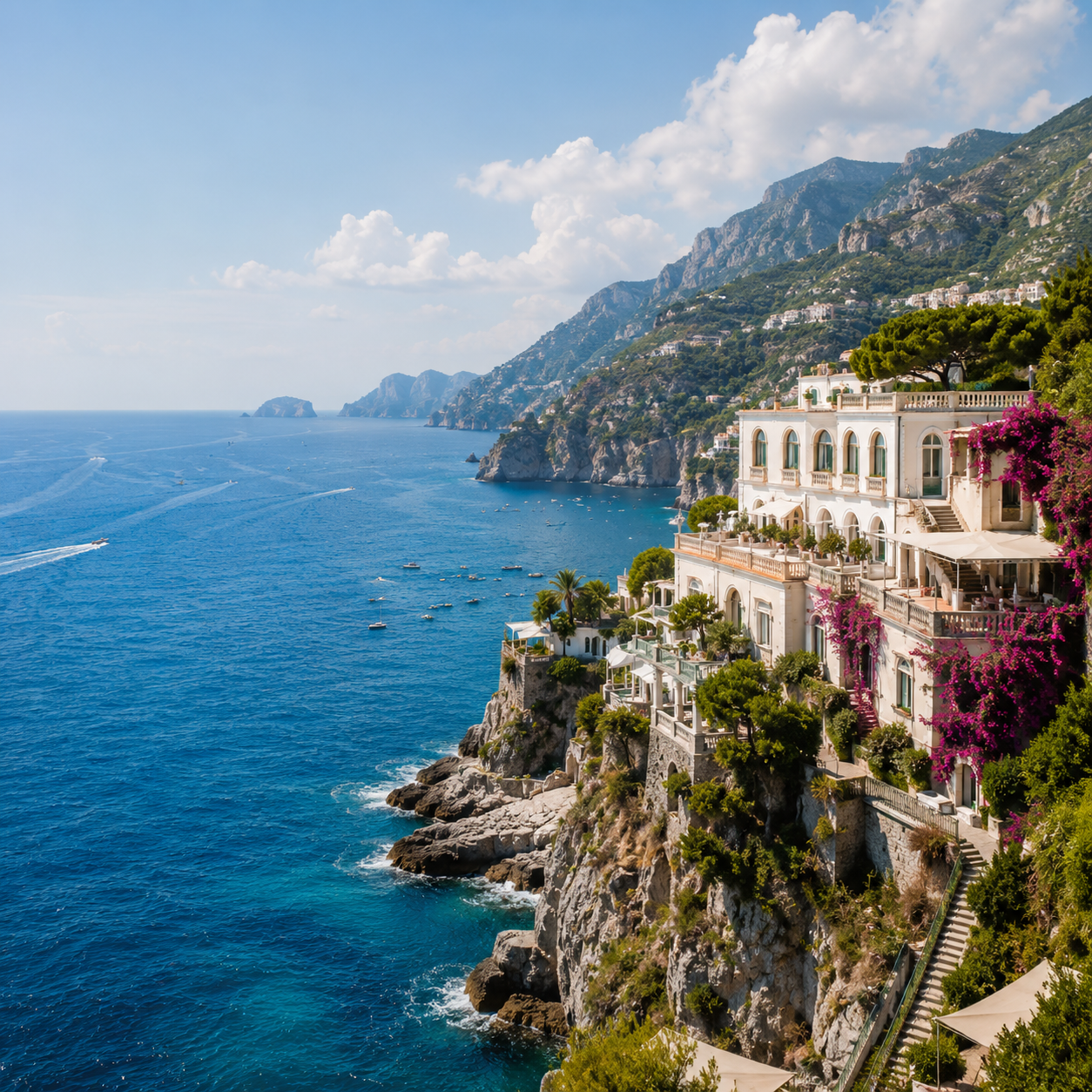 Coastal destination with blue sea and hillside town