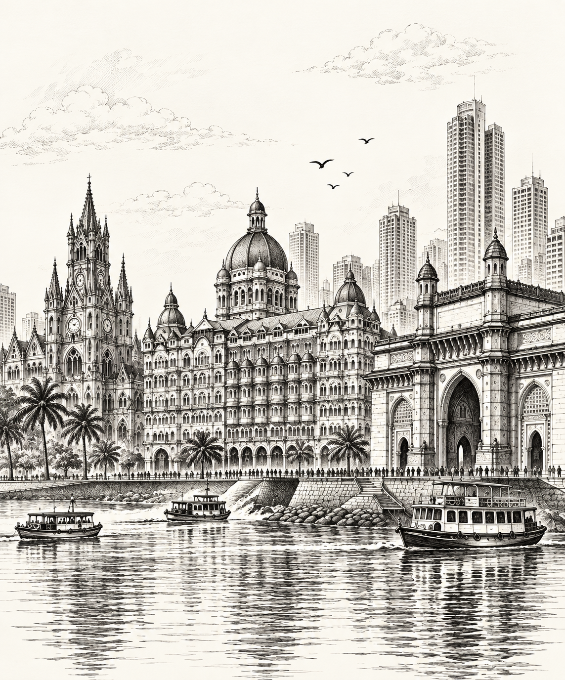 Black-and-white illustration representing Mumbai's architecture and waterfront