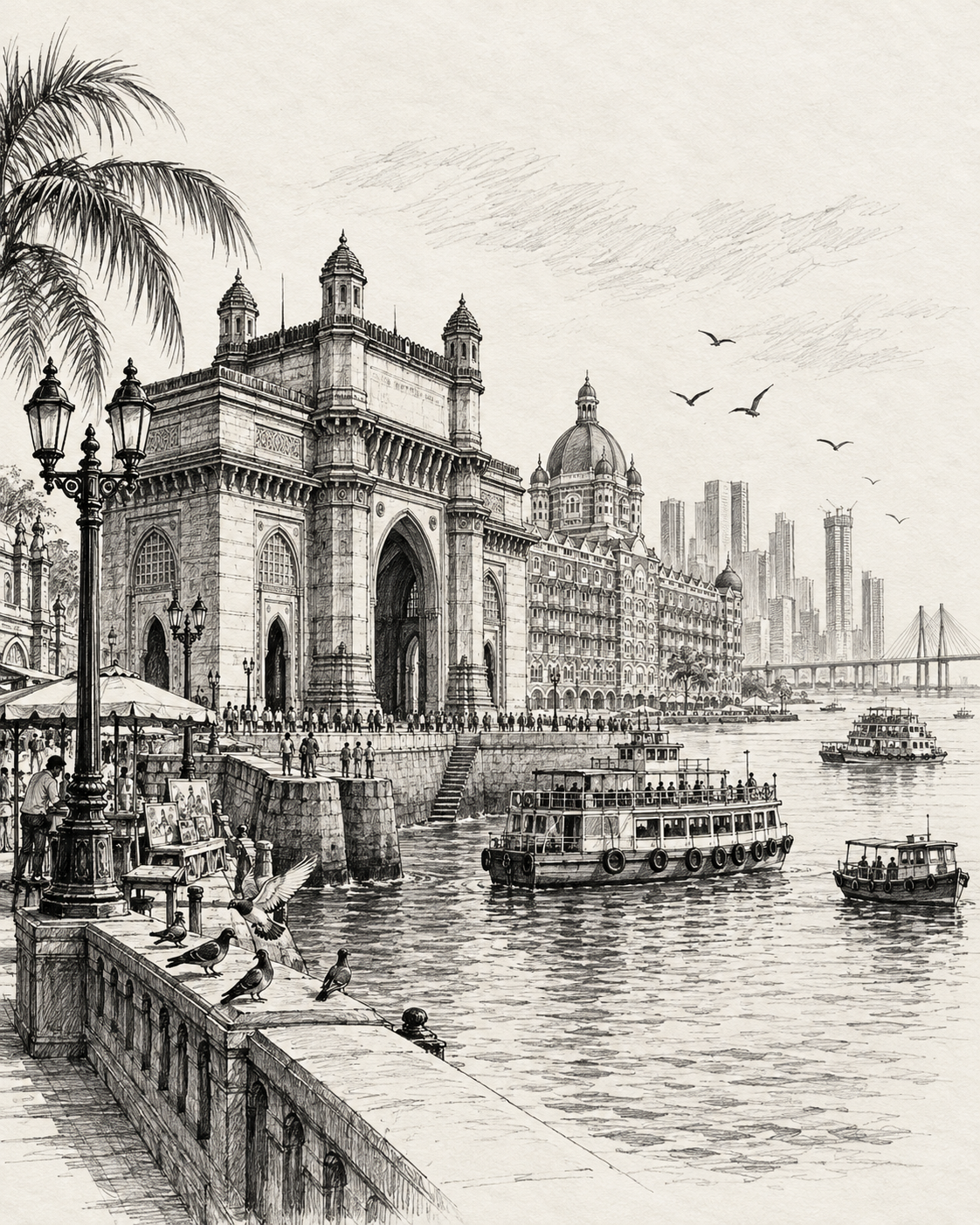 Sketch artwork representing Mumbai and its heritage architecture