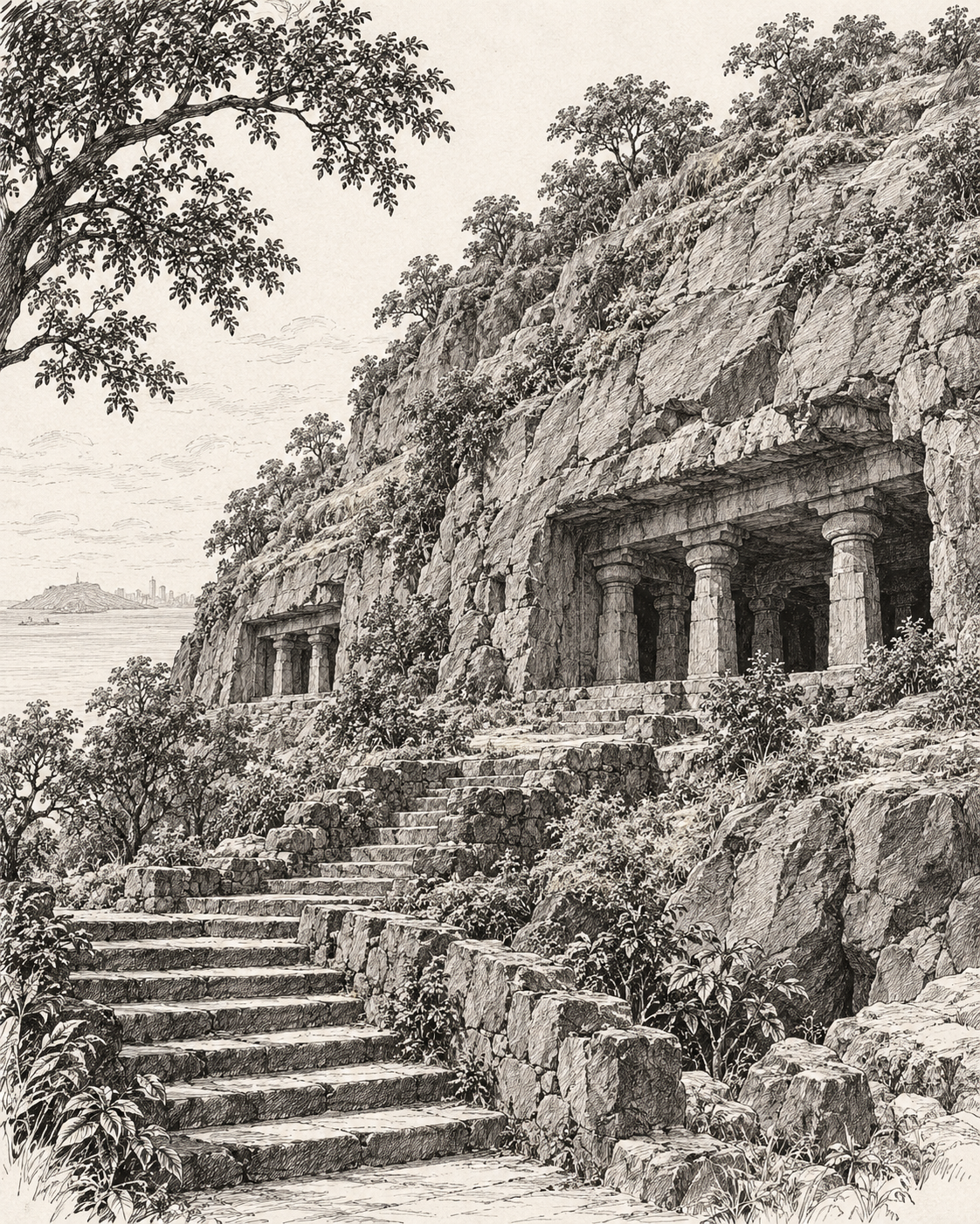 Illustrated view of the historic Elephanta Caves