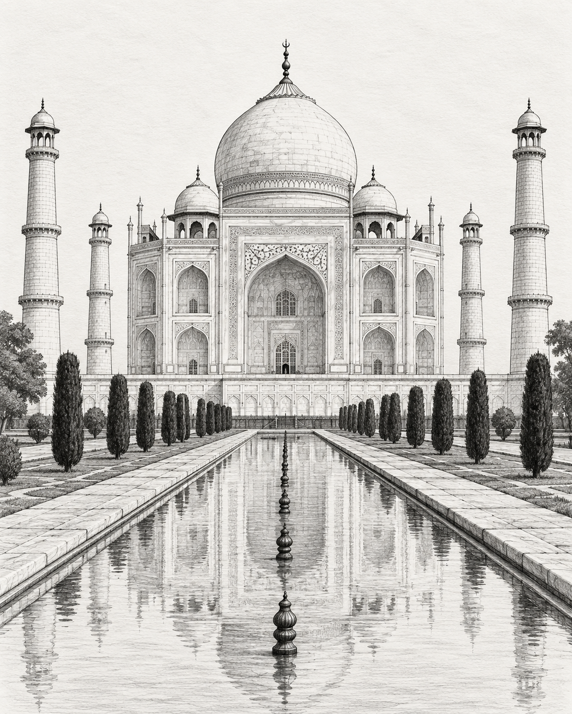 Black-and-white illustration of the Taj Mahal in Agra