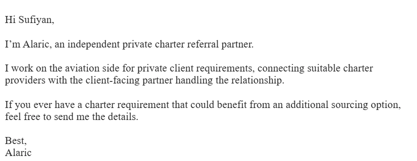 Private charter referral partnership email