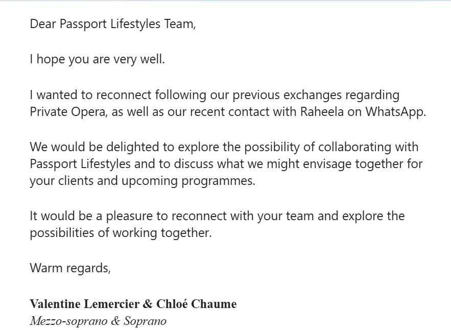 Private Opera partnership reconnection email