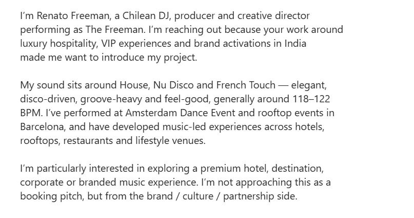 Creative music partnership introduction email