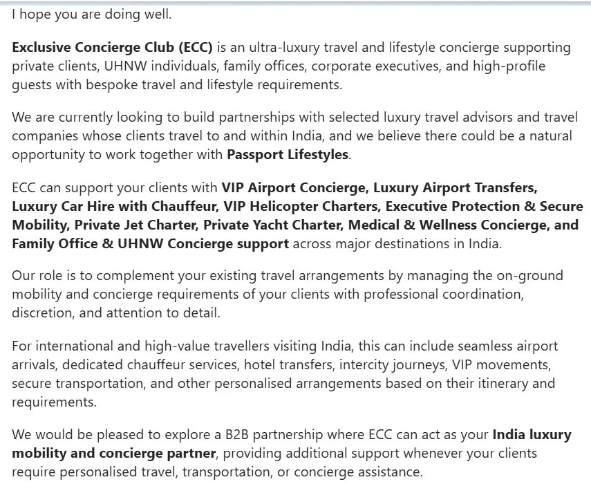 Exclusive Concierge Club partnership proposal email