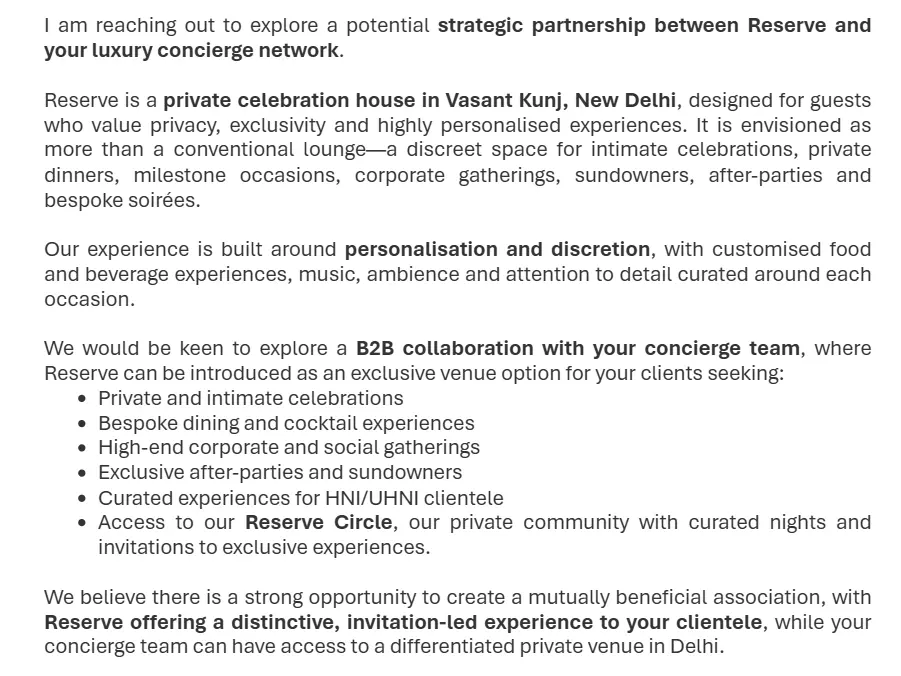 Reserve private celebration house partnership proposal email